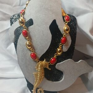 Gold and Red Seahorse Necklace